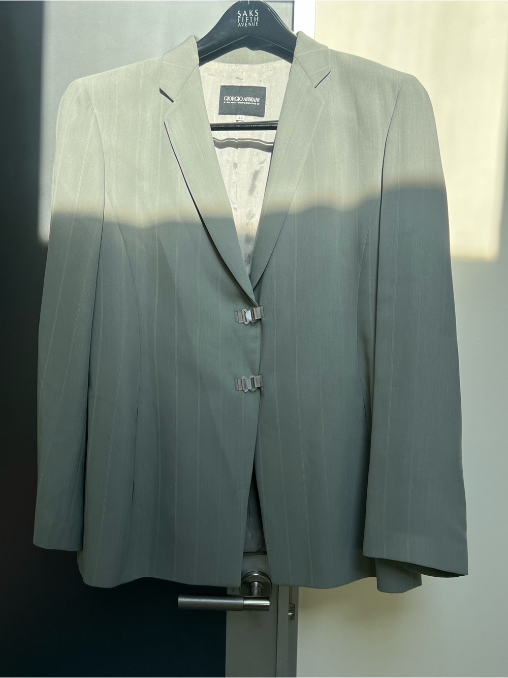 Armani blazer never worn, silky light grey with white stripe,Made in Italy US 12